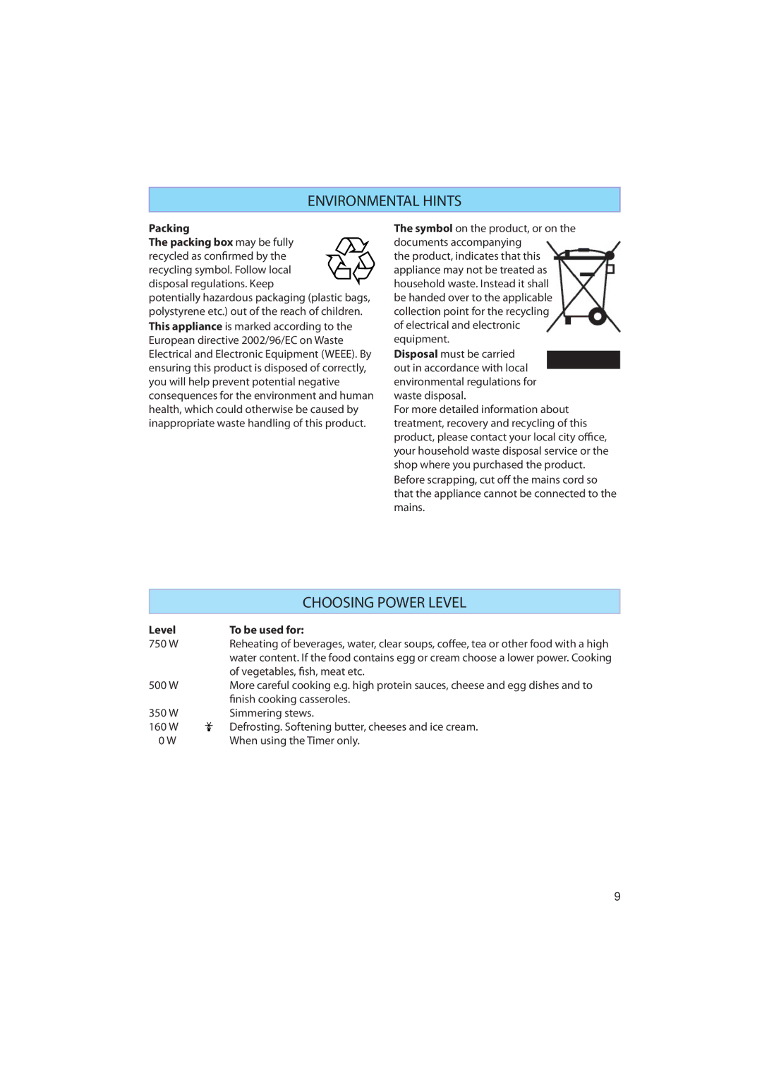 Whirlpool AMW 442, AMW 440, AMW 441 manual Environmental Hints, Choosing Power Level, Packing, Level To be used for 