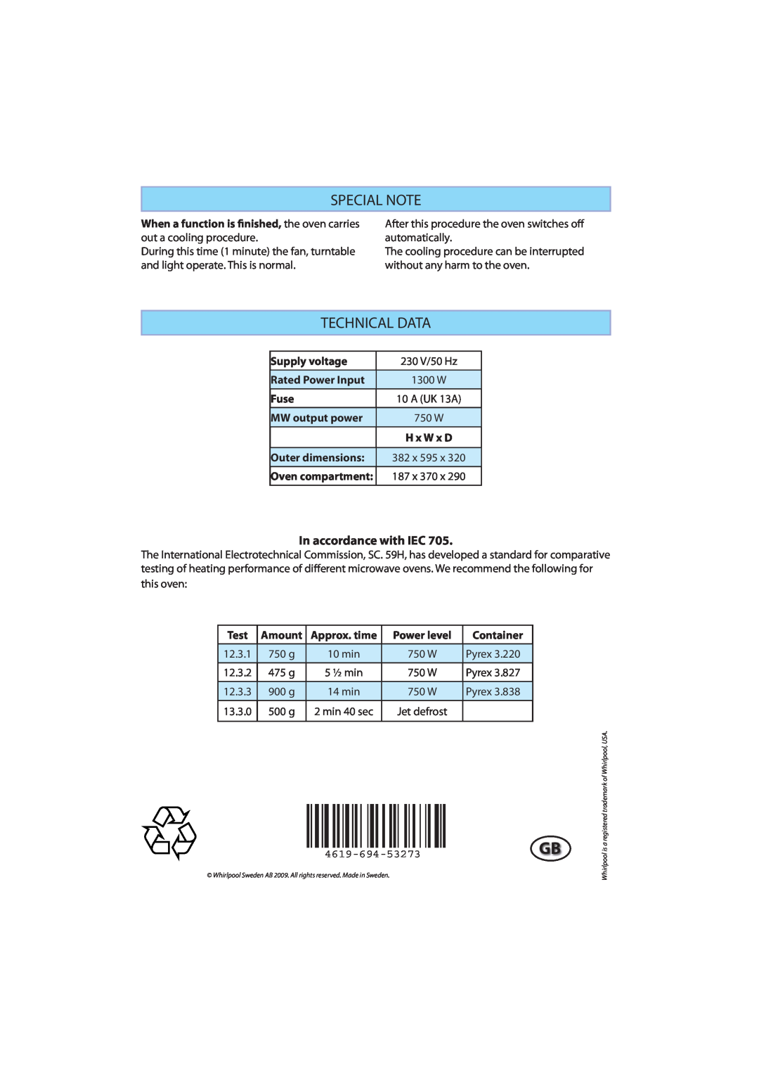 Whirlpool AMW 442, AMW 440, AMW 441 manual Special Note, Technical Data, In accordance with IEC 