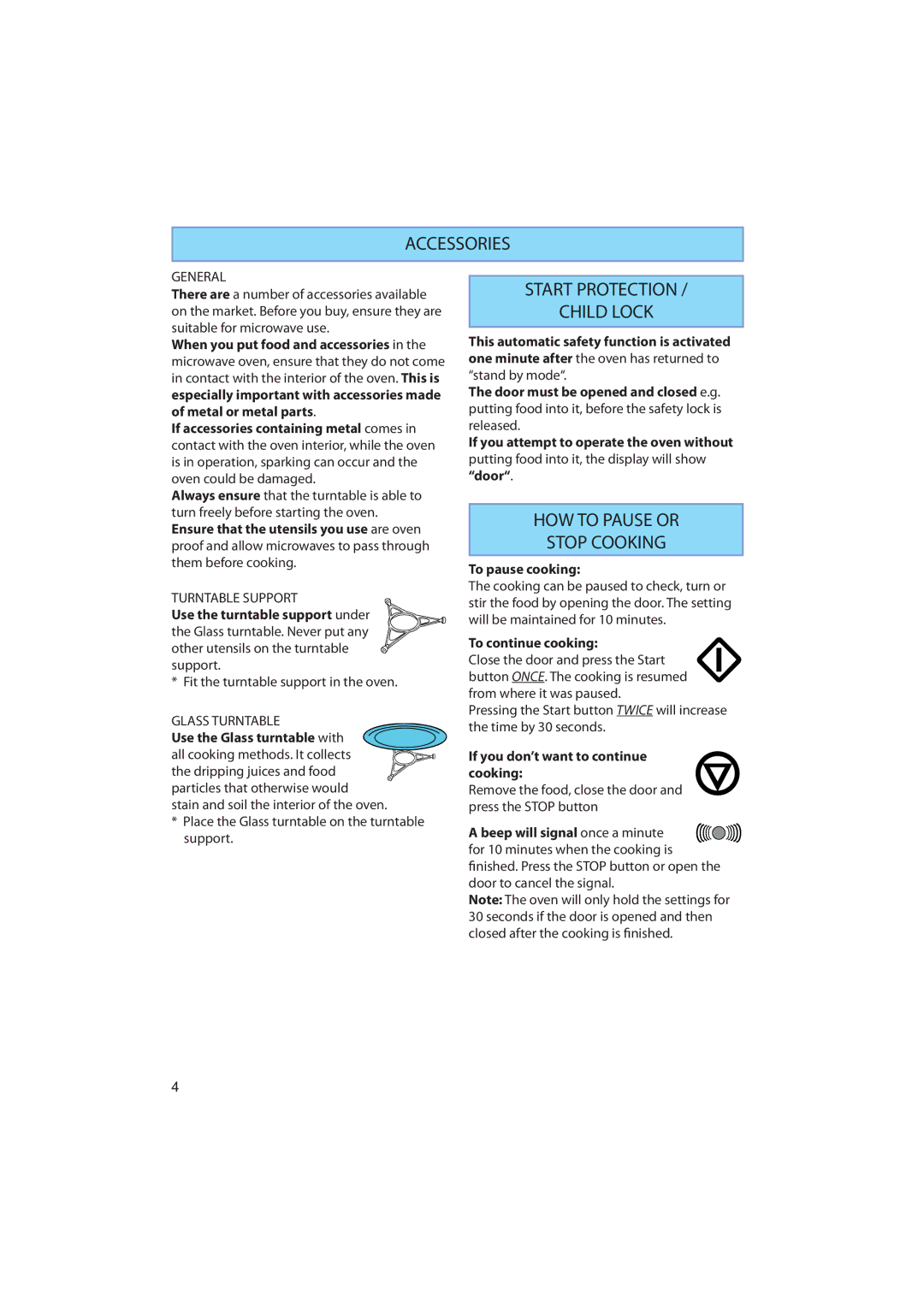 Whirlpool AMW 450, AMW 460, AMW 461 manual Accessories, Start Protection Child Lock, HOW to Pause or Stop Cooking 