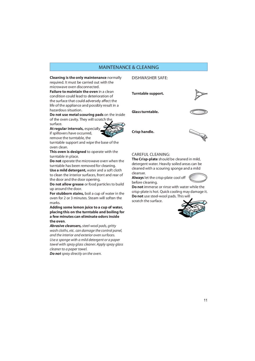 Whirlpool AMW 485, AMW 470, AMW 480, AMW 481 manual Maintenance & Cleaning, Turntable support Glass turntable Crisp handle 