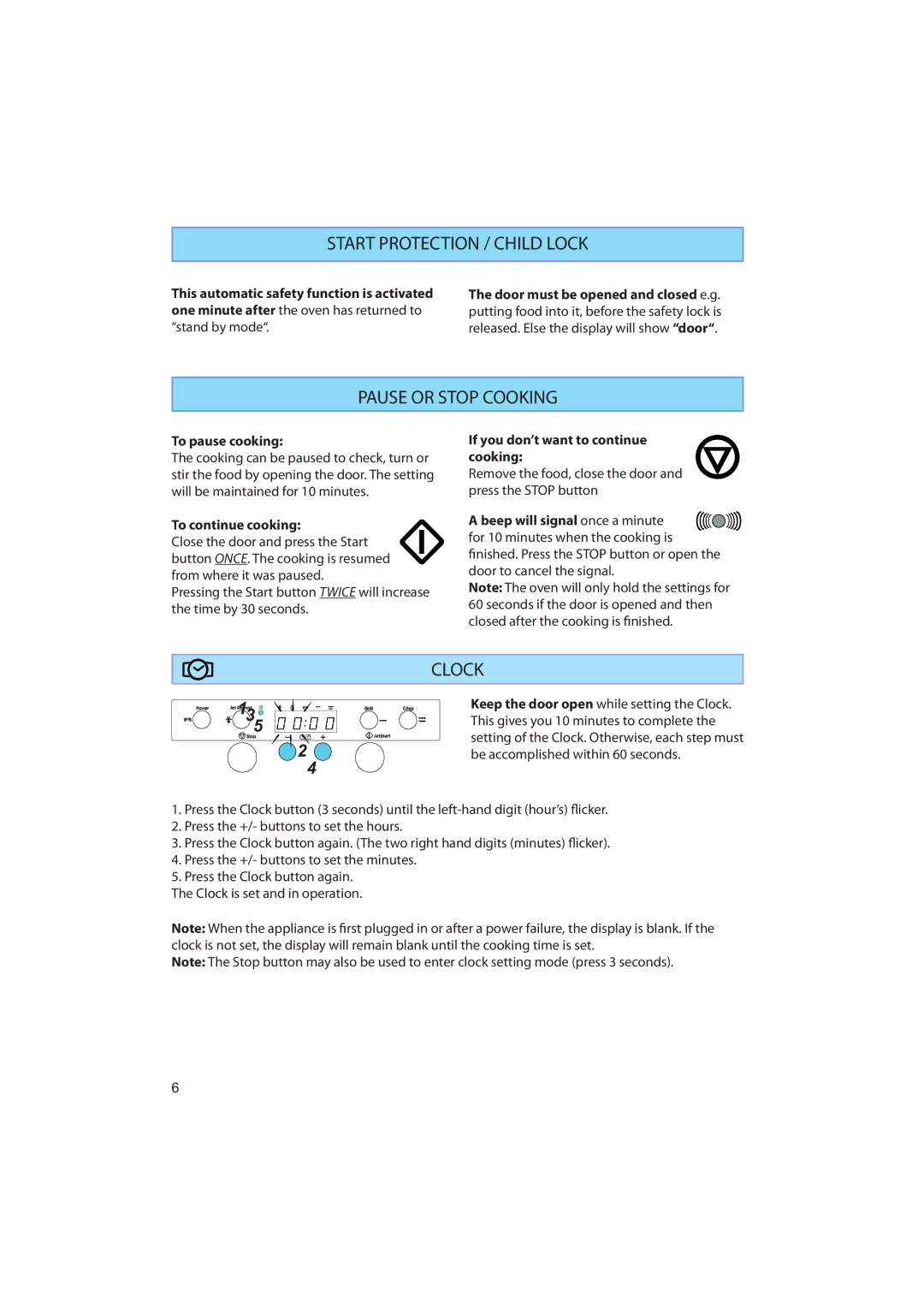 Whirlpool AMW 481, AMW 470, AMW 480, AMW 485 manual Start Protection / Child Lock, Pause or Stop Cooking, Clock 