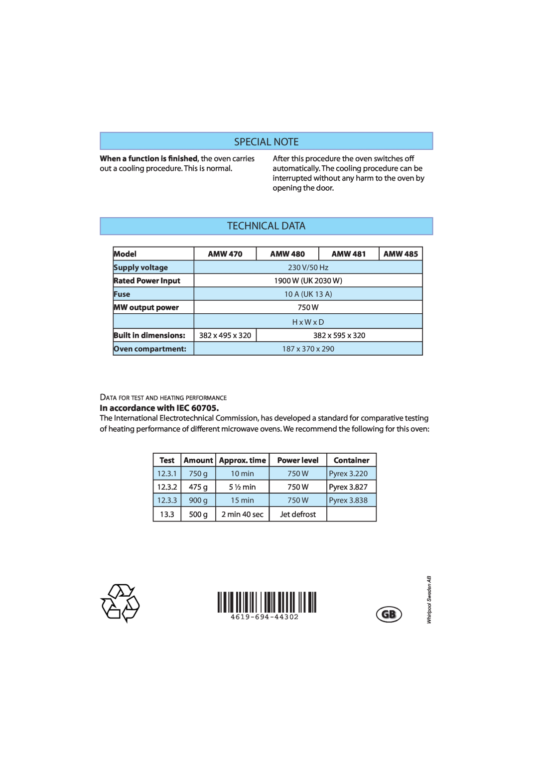 Whirlpool AMW 470, AMW 480, AMW 481, AMW 485 manual Special Note, Technical Data, In accordance with IEC 