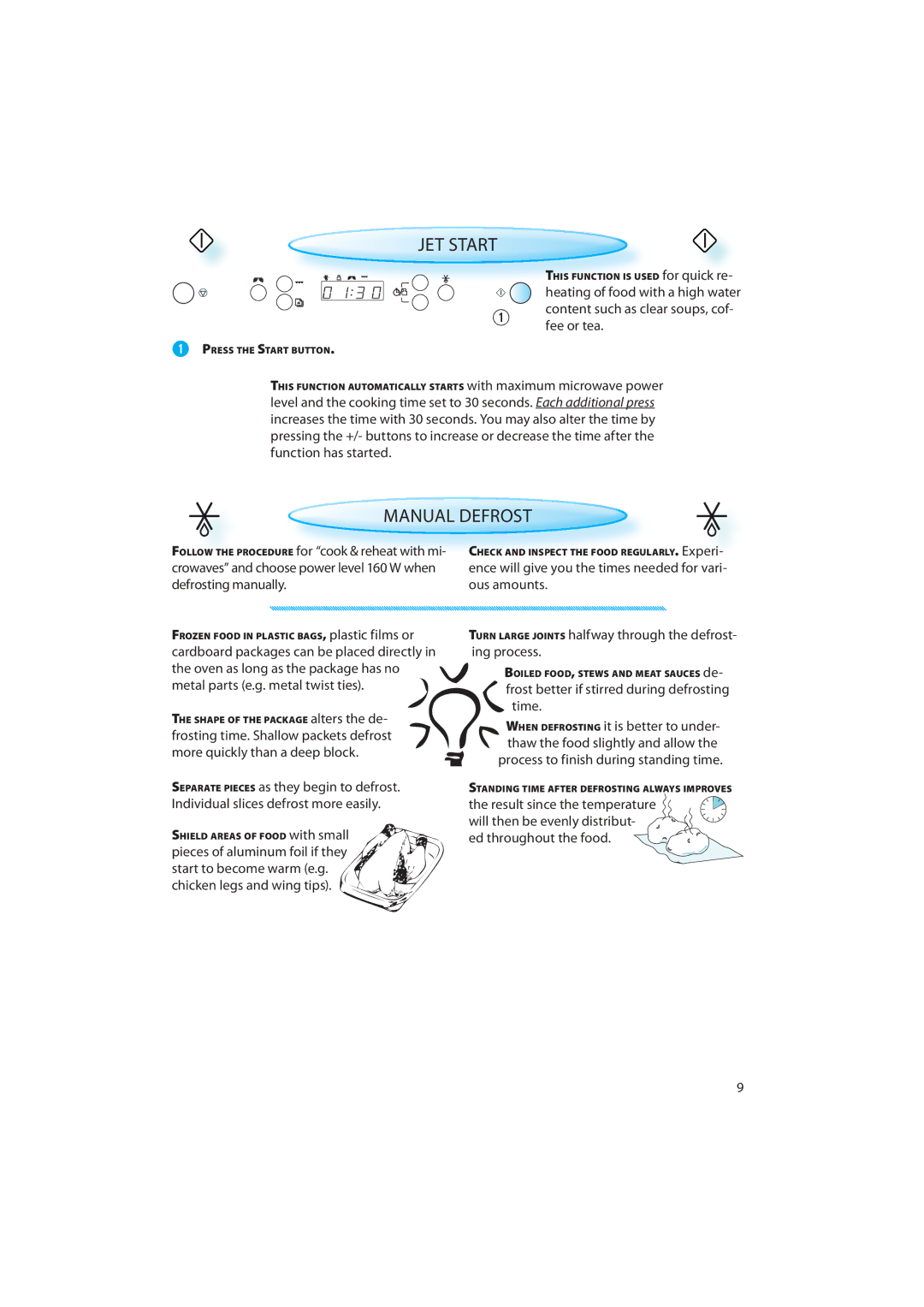 Whirlpool AMW 492 quick start JET Start, Manual Defrost, Fee or tea, Frost better if stirred during defrosting time 