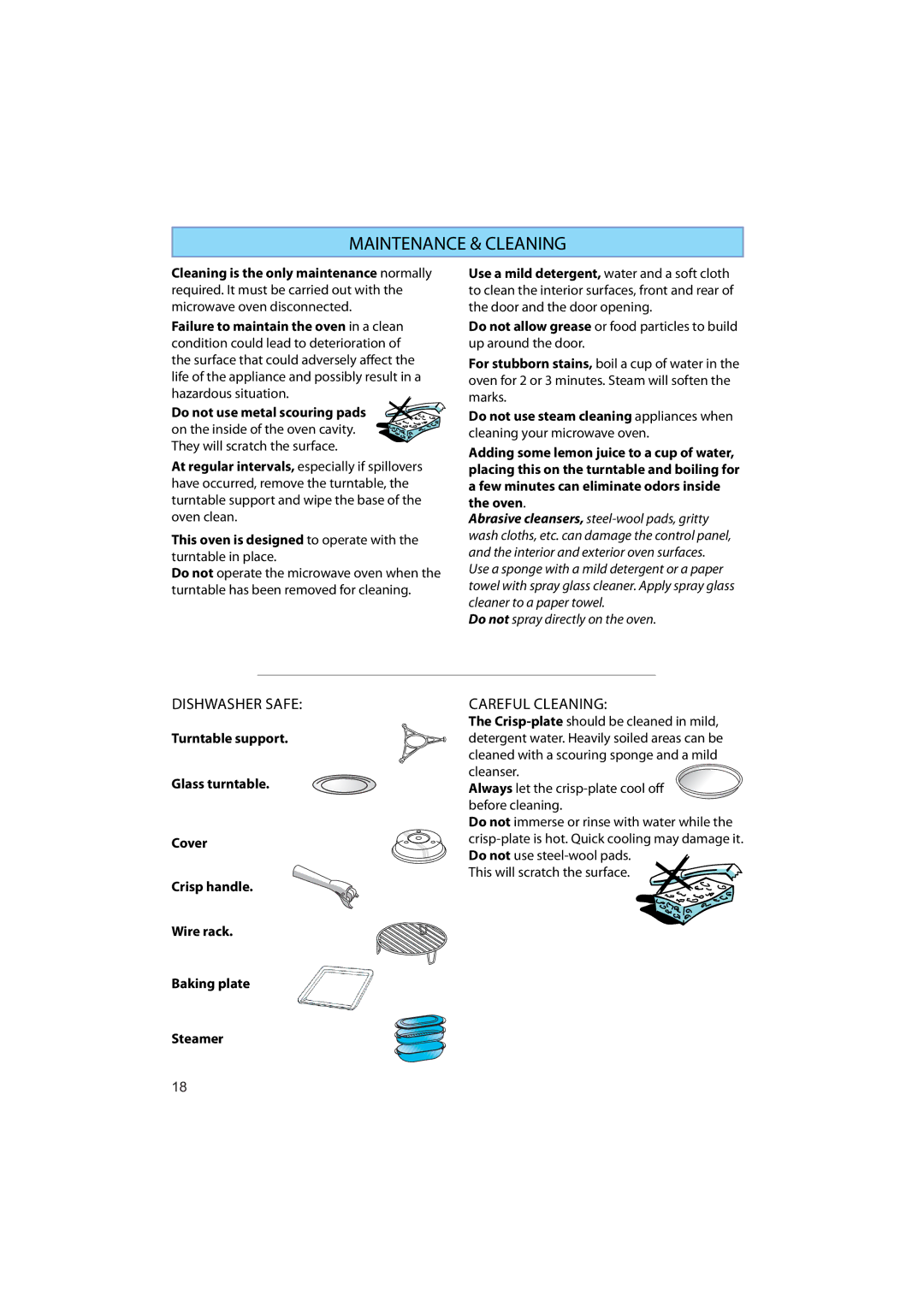 Whirlpool AMW 545 manual Maintenance & Cleaning, Careful Cleaning 