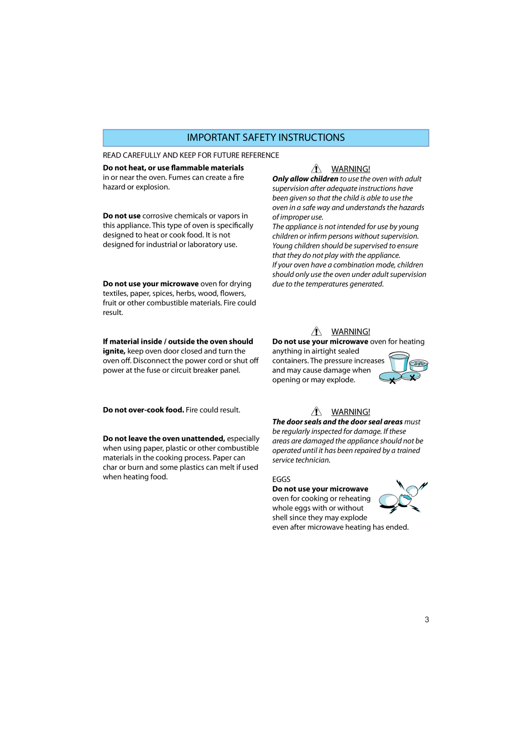 Whirlpool AMW 545 manual Important Safety Instructions, Read Carefully and Keep for Future Reference, Eggs 