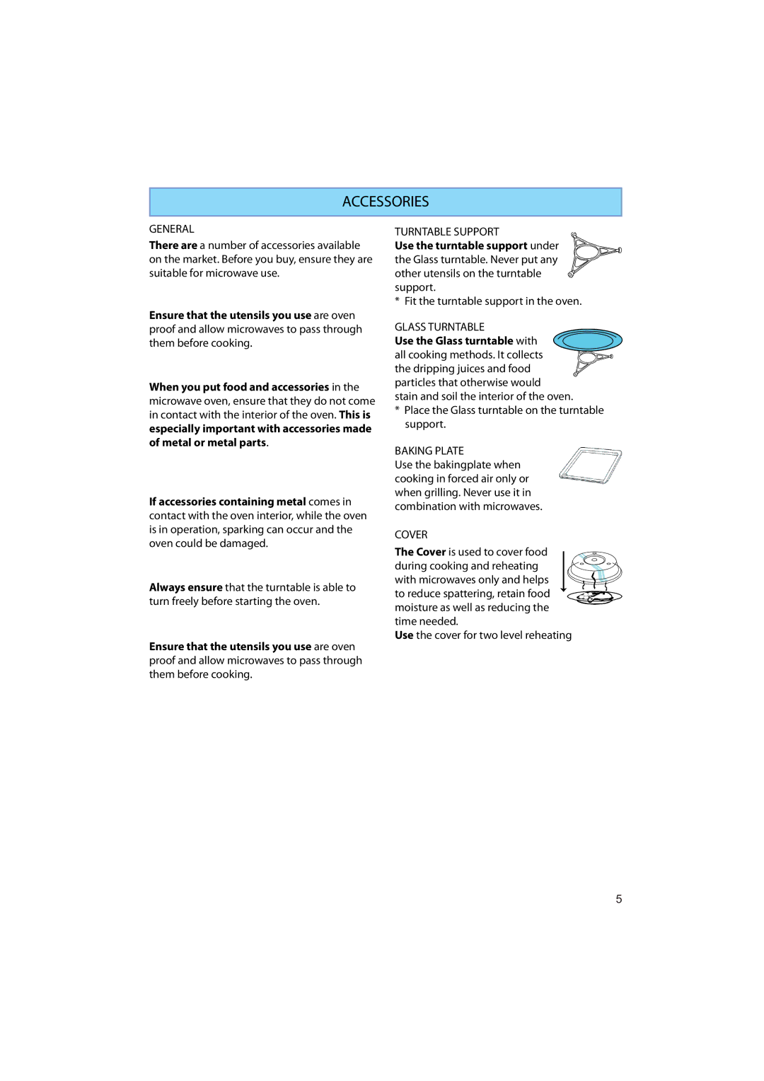 Whirlpool AMW 545 manual Accessories, Turntable Support, Glass Turntable, Baking Plate, Cover 