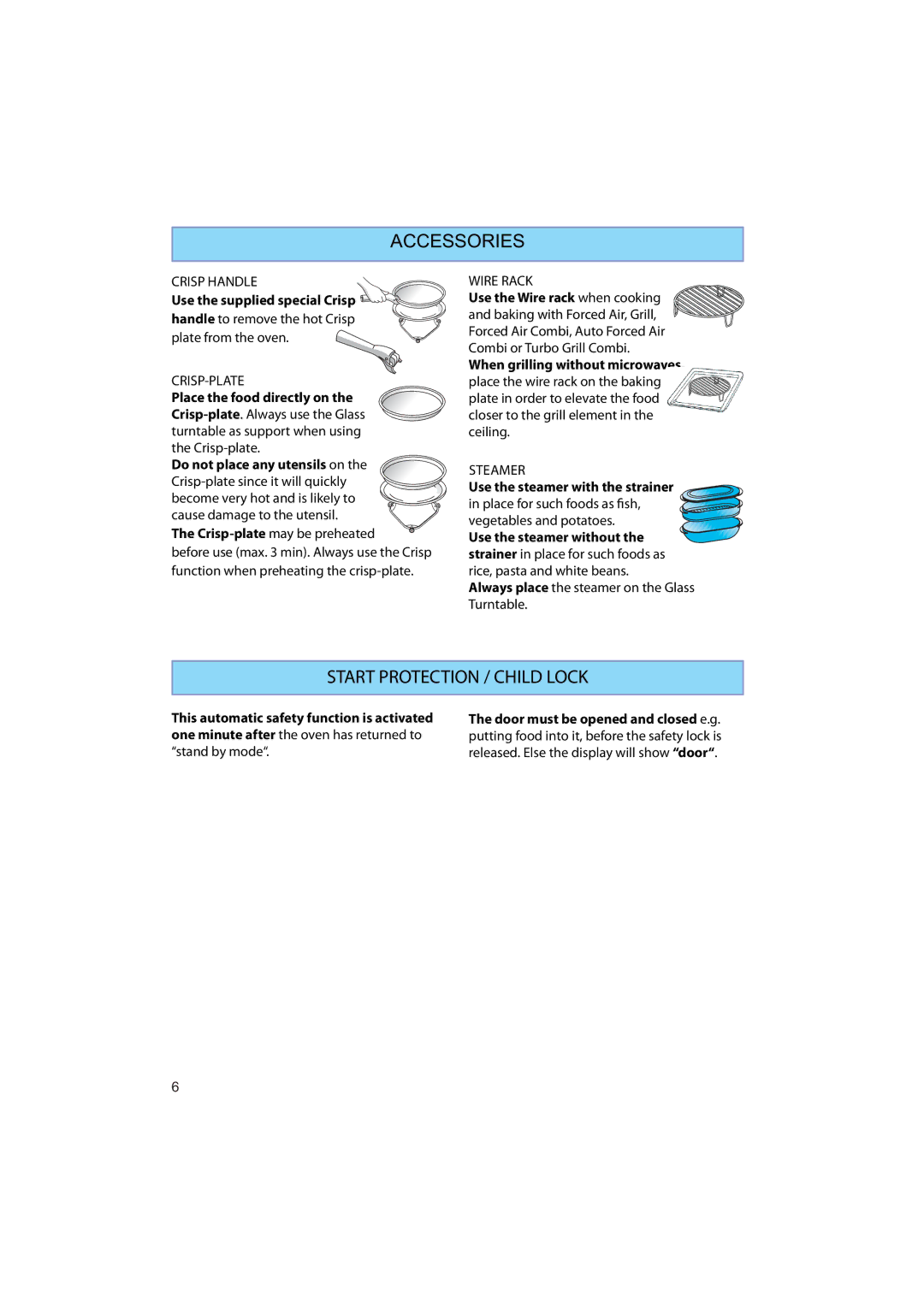 Whirlpool AMW 545 manual Start Protection / Child Lock, Use the supplied special Crisp, Crisp-plate may be preheated 