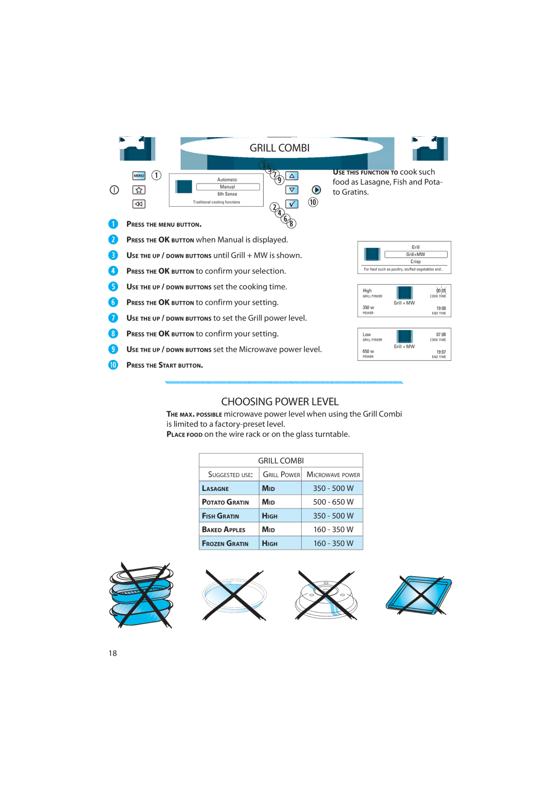 Whirlpool AMW 848 quick start Food as Lasagne, Fish and Pota- to Gratins, Grill Combi 