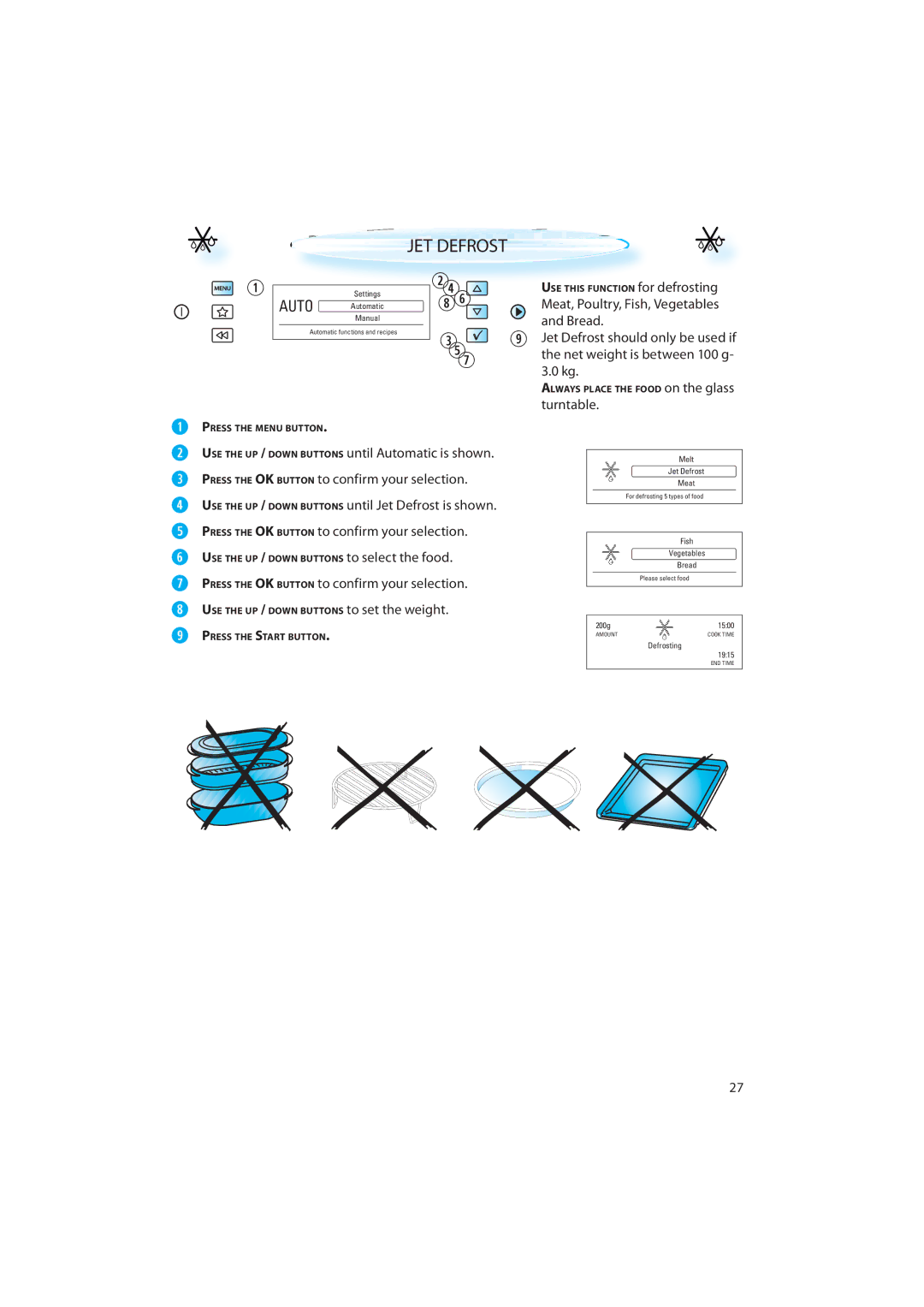 Whirlpool AMW 848 quick start JET Defrost, Turntable,  Press the OK Button to confirm your selection 