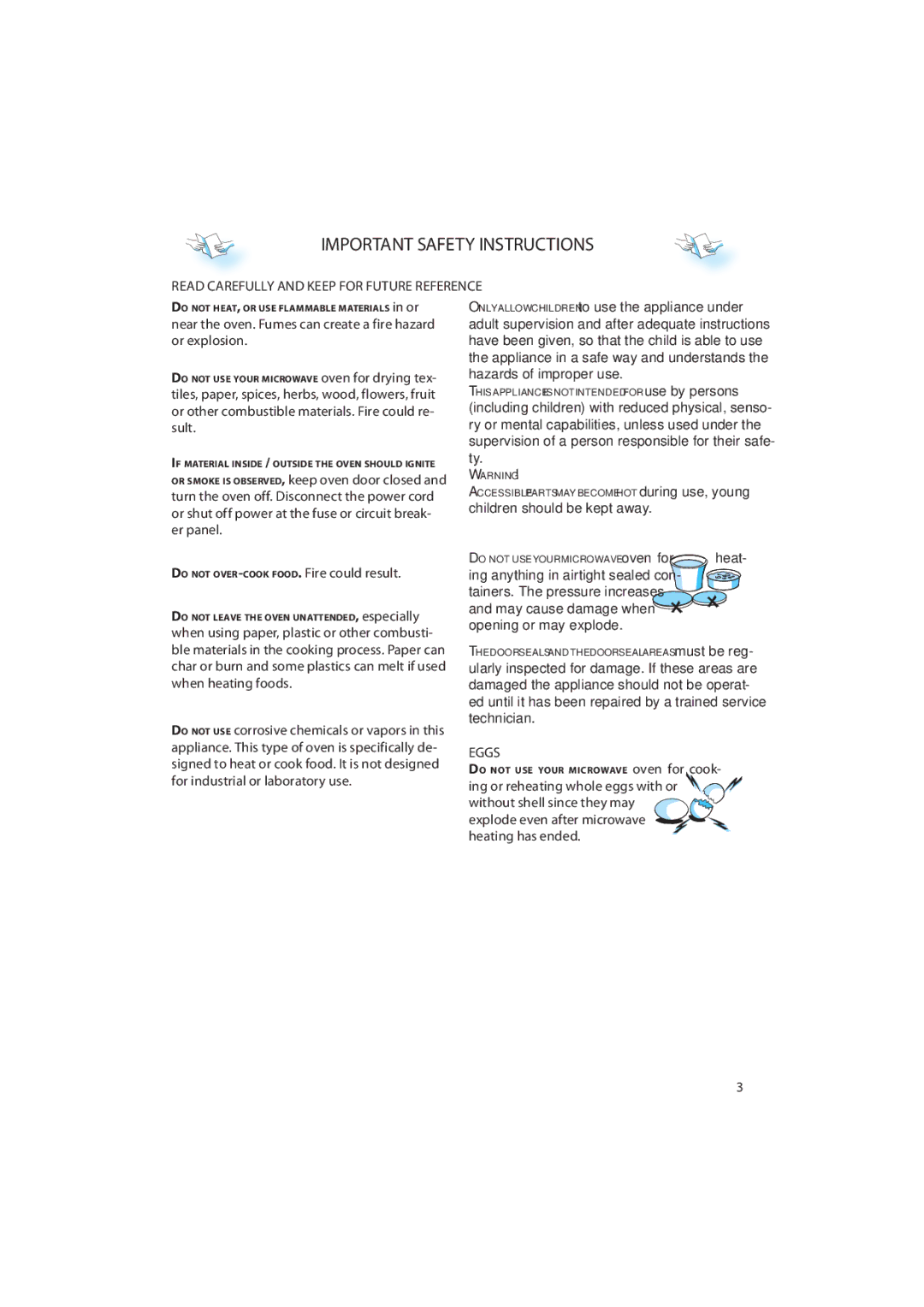 Whirlpool AMW 848 quick start Important Safety Instructions, Read Carefully and Keep for Future Reference, Eggs 