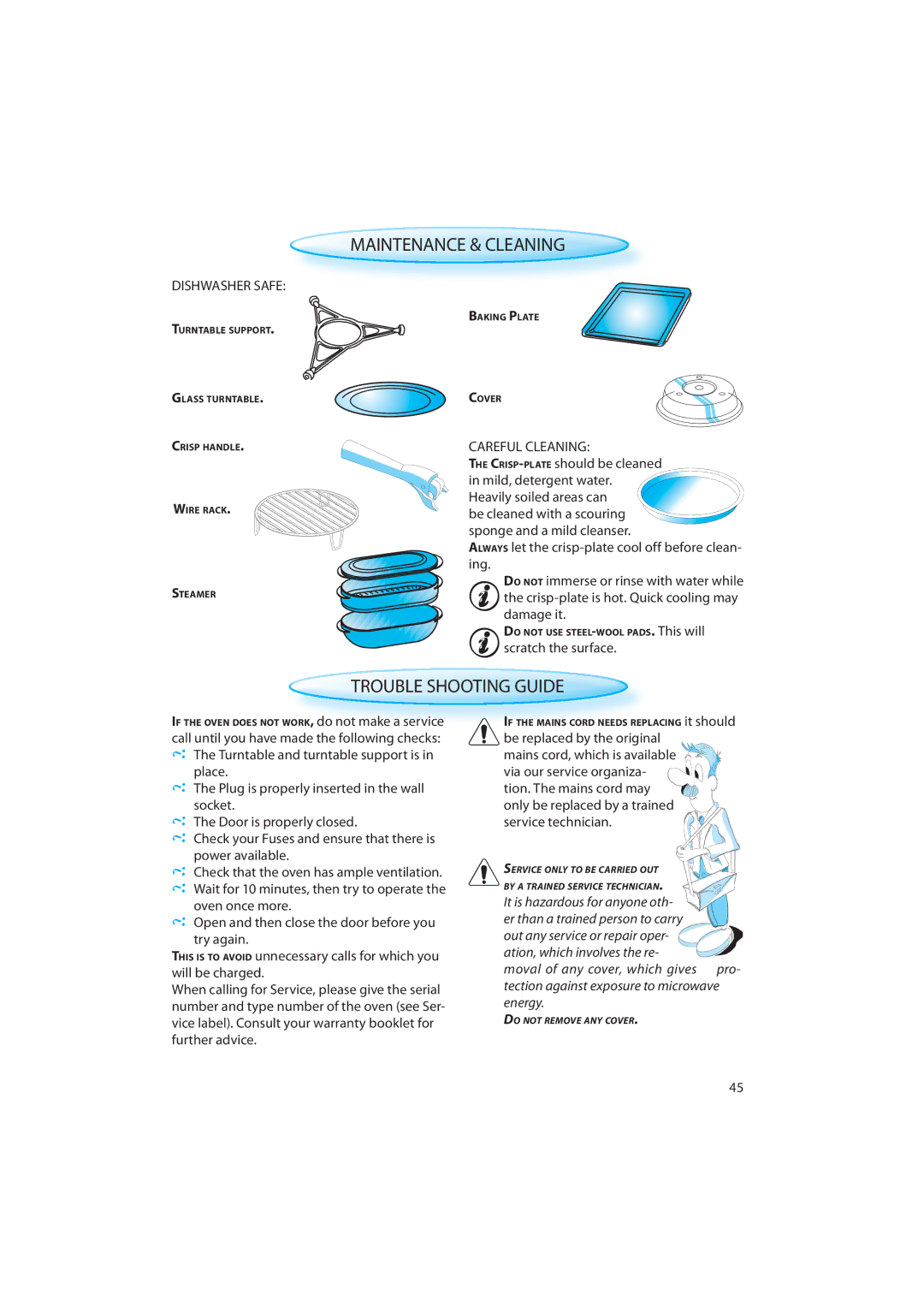 Whirlpool AMW 848 quick start Trouble Shooting Guide, Dishwasher Safe, Careful Cleaning, Scratch the surface 