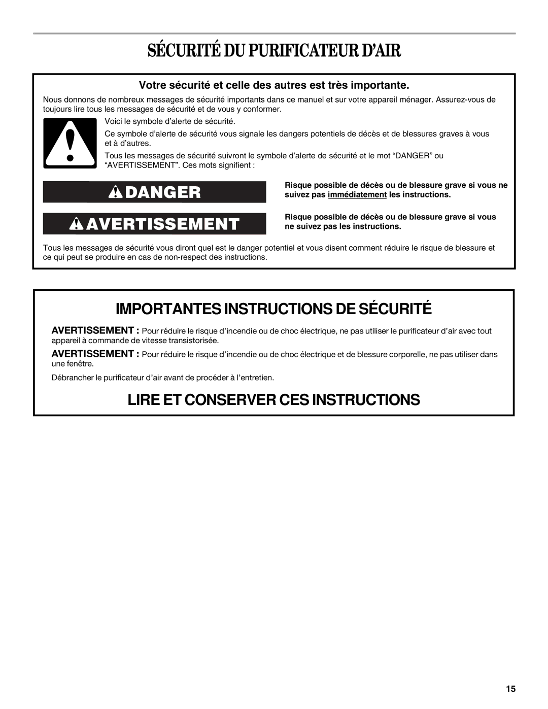 Whirlpool AP450, AP250 manual Sécurité DU Purificateur D’AIR, Votre sécurité et celle des autres est très importante 