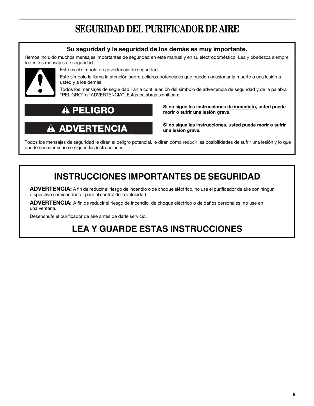 Whirlpool AP450, AP250 manual Seguridad DEL Purificador DE Aire, Su seguridad y la seguridad de los demás es muy importante 