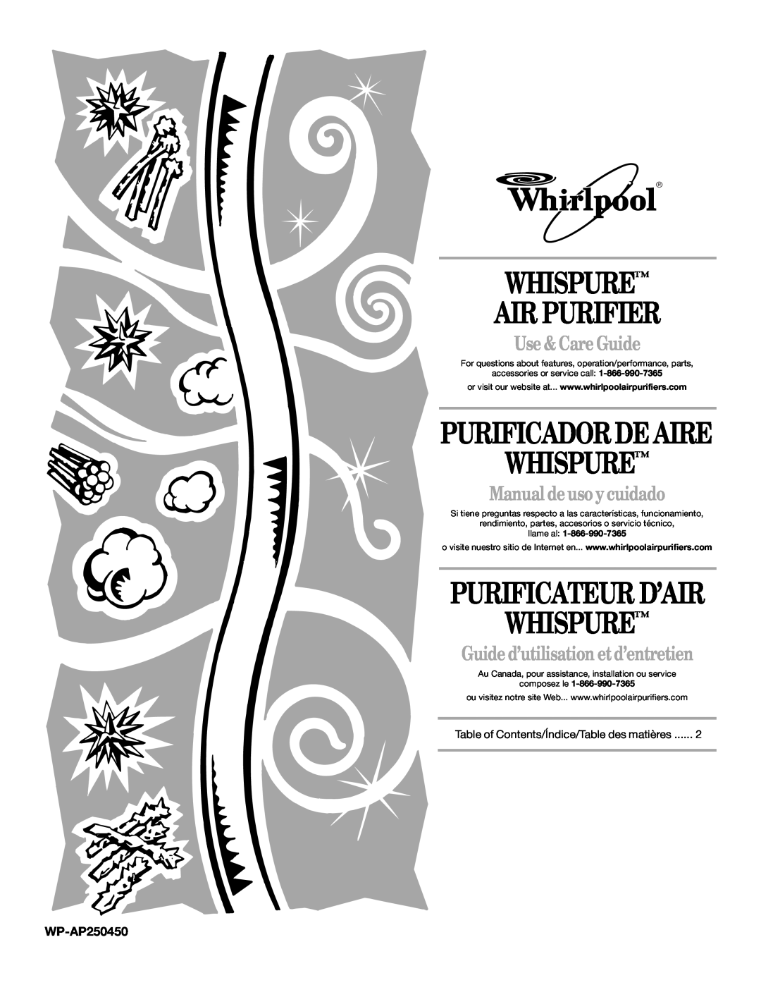 Whirlpool AP450 manual WP-AP250450, Whispure Air Purifier, Purificador De Aire Whispure, Purificateur D’Air, llame al 