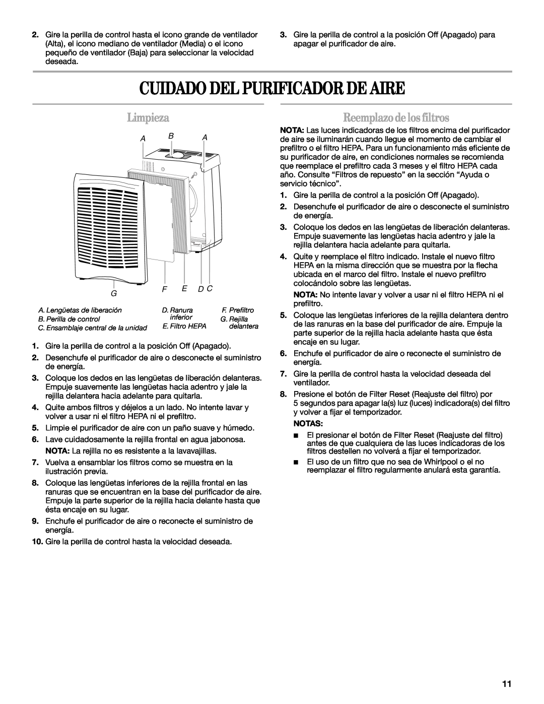 Whirlpool AP450, AP250 manual Cuidado Del Purificador De Aire, Limpieza, Reemplazo de los filtros, E D C, A B A 