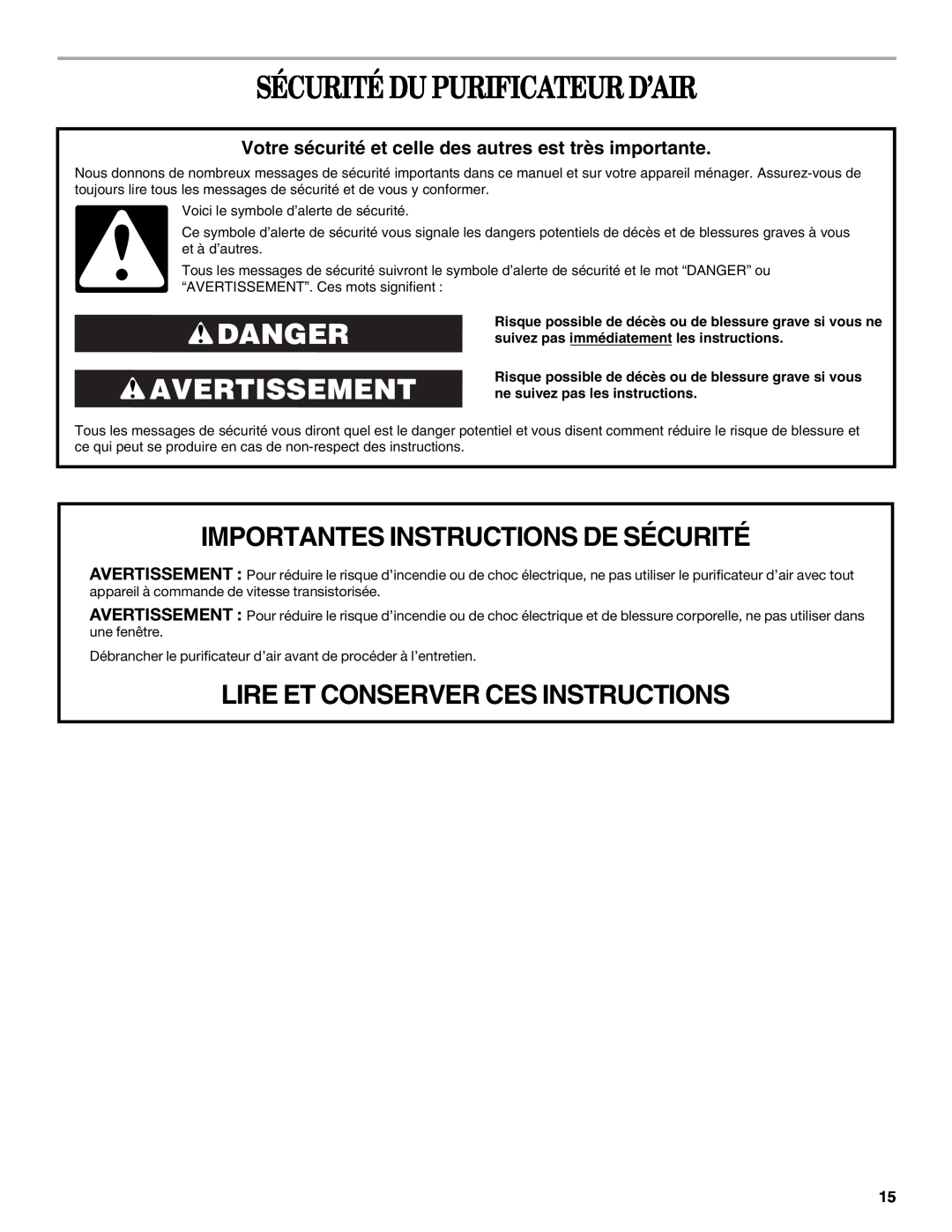 Whirlpool AP450, AP250 manual Sécurité Du Purificateur D’Air, Danger Avertissement, Importantes Instructions De Sécurité 