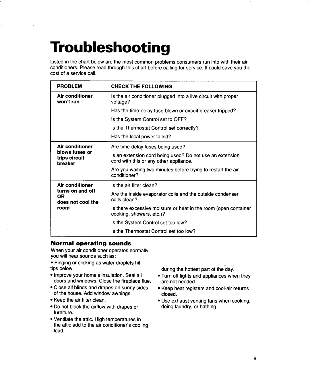 Whirlpool AR0500XA, AR0700XA warranty Troubleshooting, Normal operating sounds 