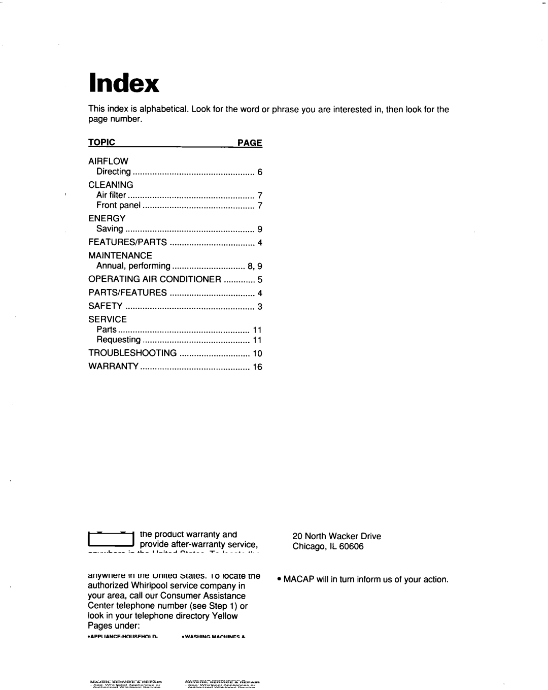 Whirlpool AR0500XA, AR0700XA warranty Index 