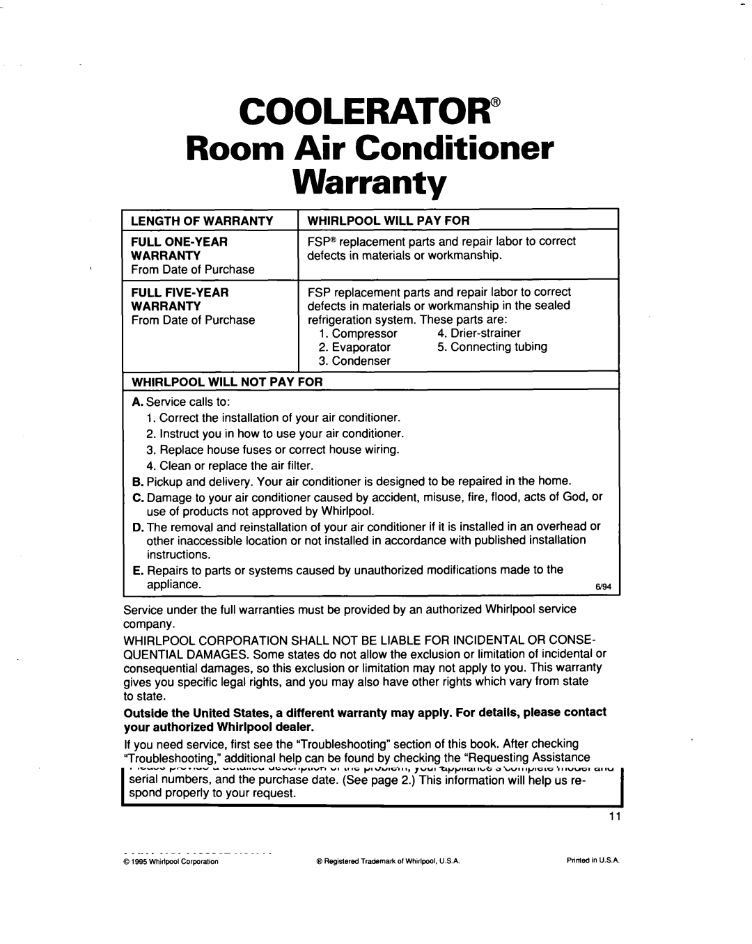 Whirlpool AR0700XA, AR0500XA warranty Coolerator 