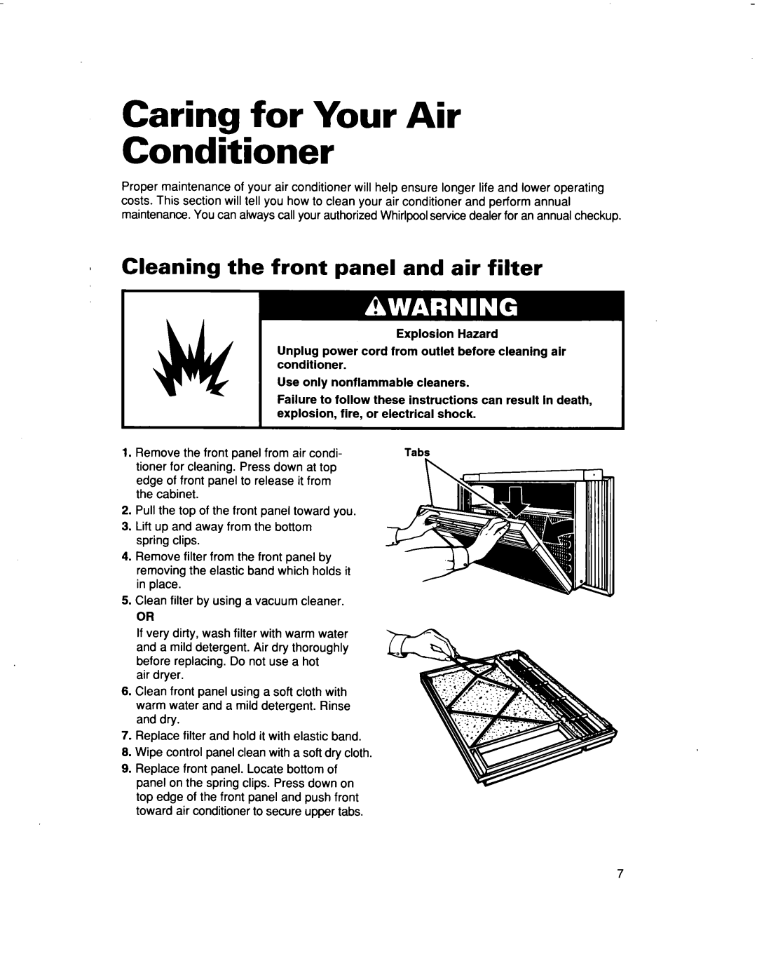 Whirlpool AR0700XA, AR0500XA warranty Caring for Your Air Conditioner, l Cleaning the front panel and air filter 