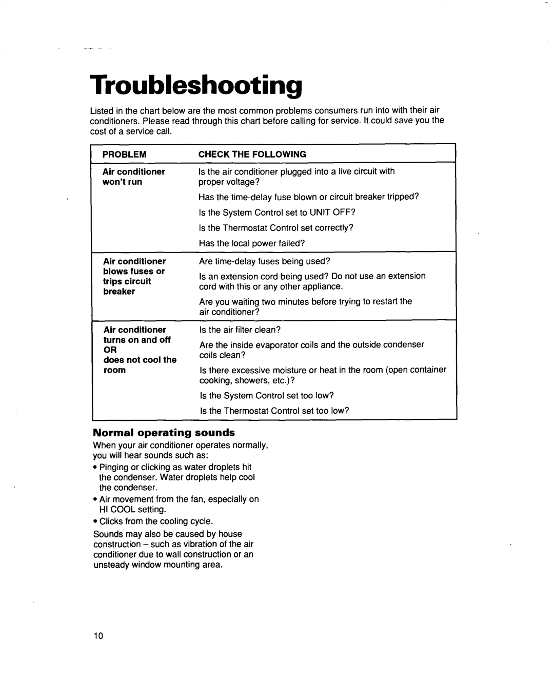 Whirlpool AR1000, AR1200 warranty Troubleshooting, Normal operating sounds 