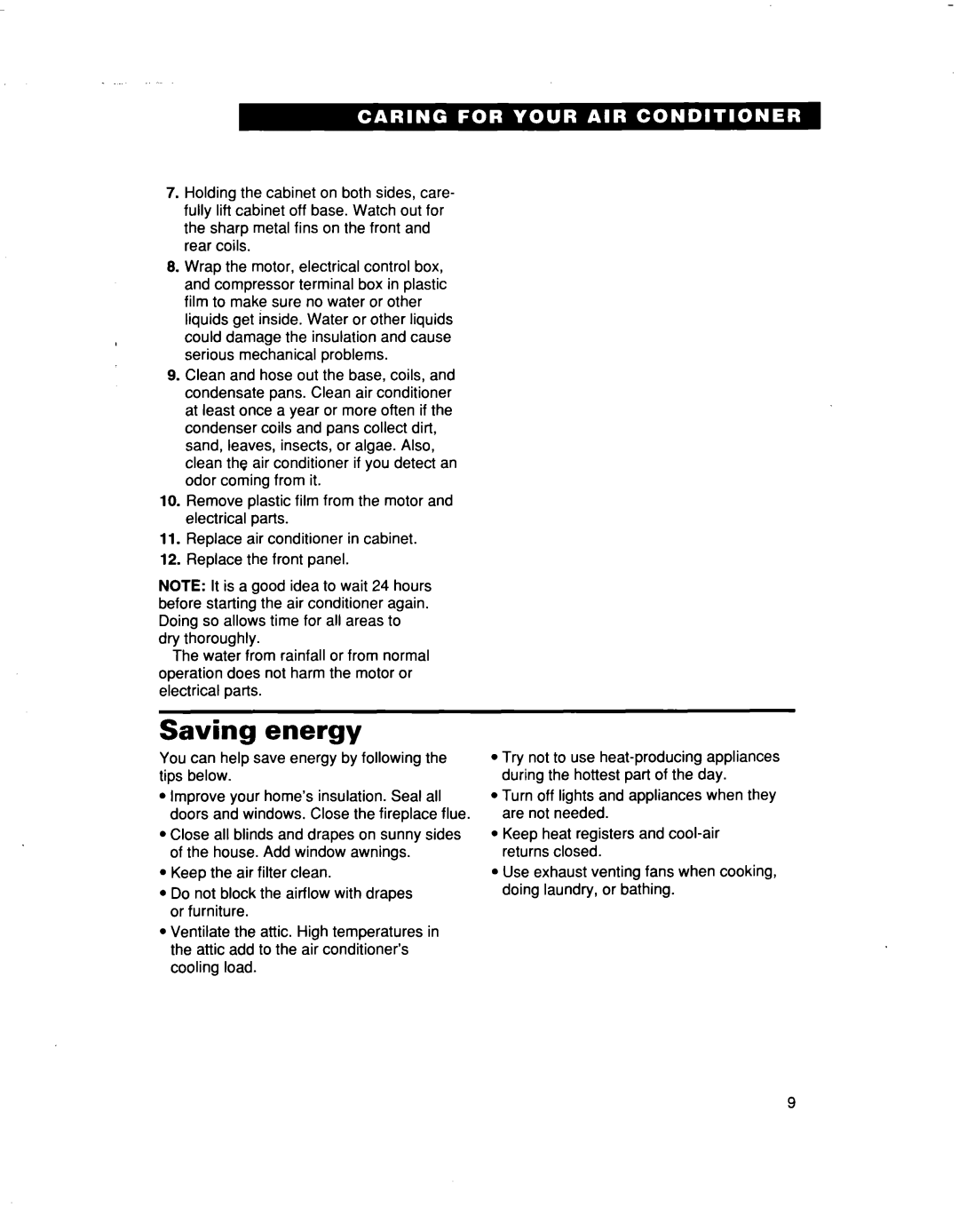 Whirlpool AR1200, AR1000 warranty Saving energy 