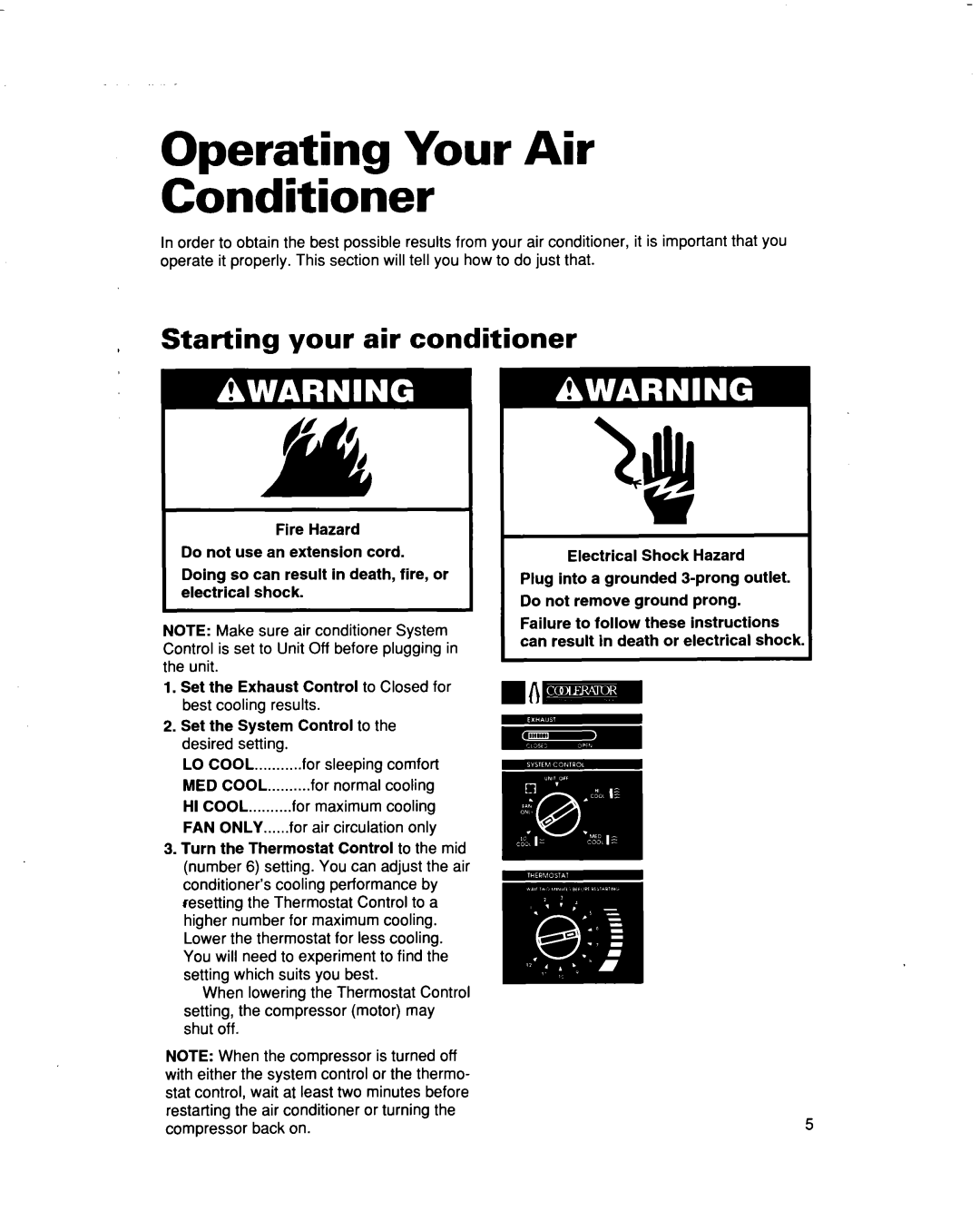 Whirlpool AR1200, AR1000 warranty Operating Your Air Conditioner, Starting your air conditioner 