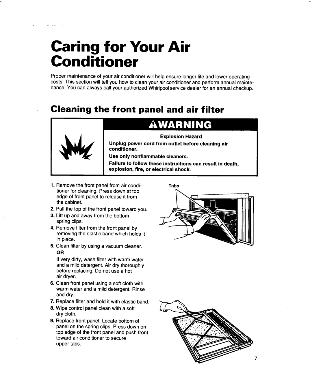 Whirlpool AR1200, AR1000 warranty Caring for Your Air Conditioner, Cleaning the front panel and air filter 