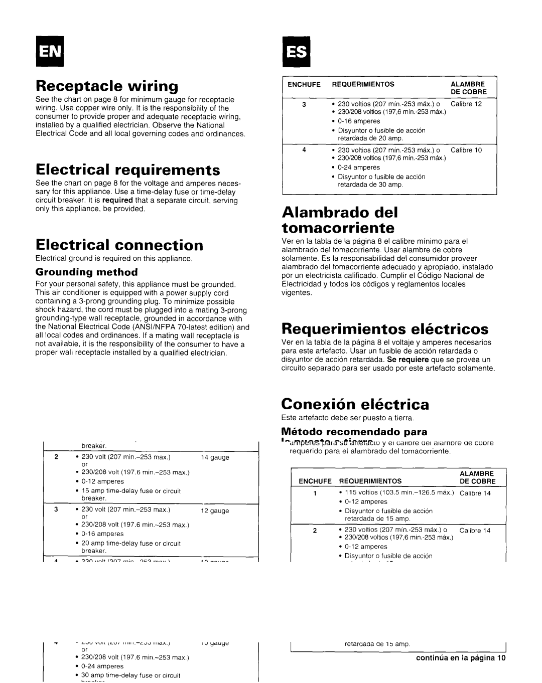 Whirlpool AR1800XA0 manual Receptacle wiring, Electrical requirements, Electrical connection, Alambrado del tomacorriente 