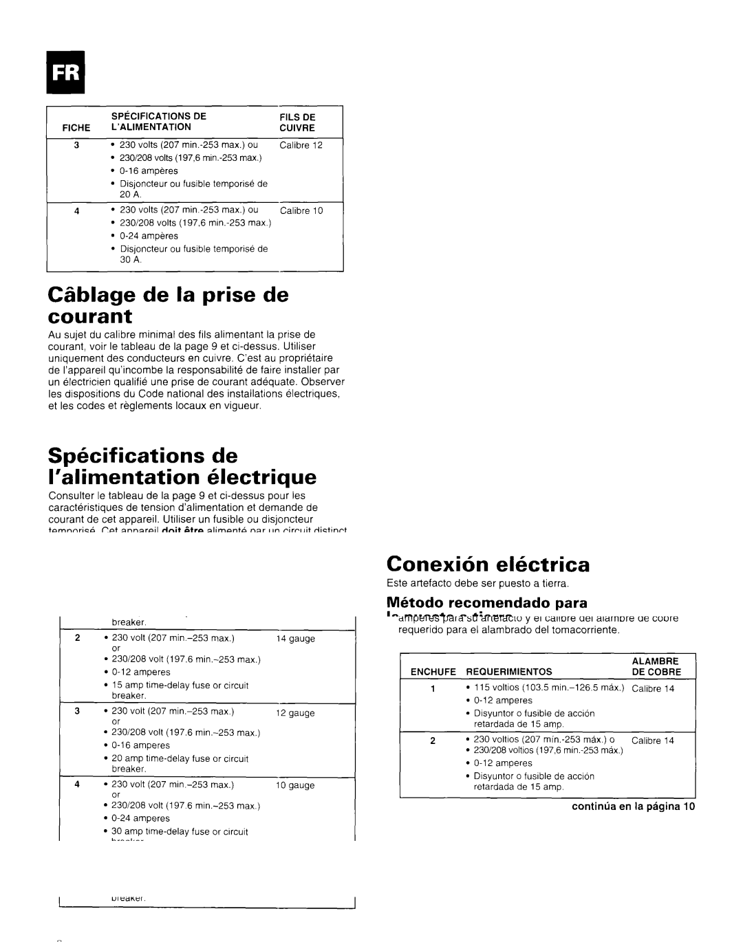 Whirlpool AR1800XA0 manual Cgblage de la prise de courant, Spkifications de ’hlimentation hlectrique 