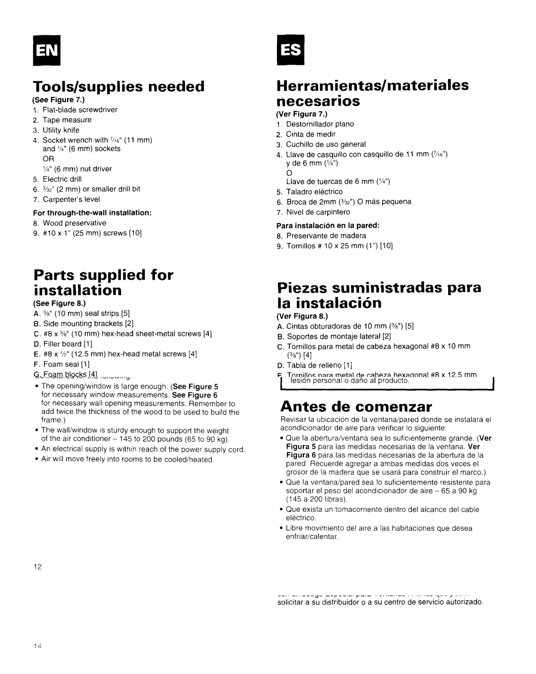 Whirlpool AR1800XA0 manual Tools/supplies needed, Parts supplied for installation, Piezas suministradas para la instalacibn 