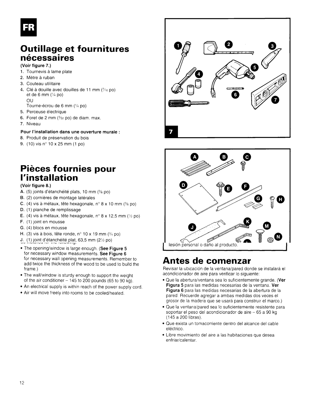 Whirlpool AR1800XA0 manual Outillage et fournitures nkcessaires, Pikes fournies pour ’installation 