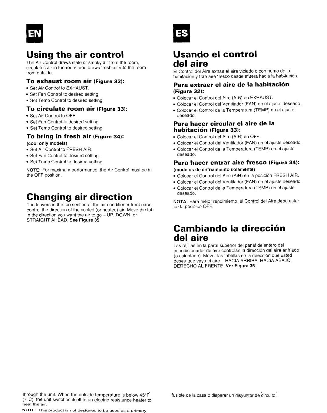 Whirlpool AR1800XA0 manual Using the air control, Changing air direction, Usando el control del aire 