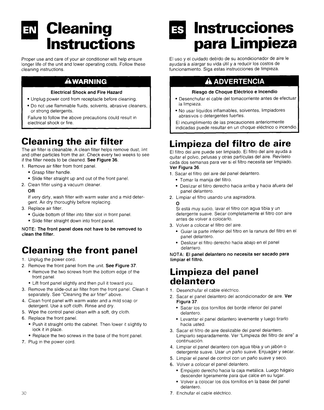 Whirlpool AR1800XA0 manual Cleaning the air filter, Cleaning the front panel, Limpieza del filtro de aire 