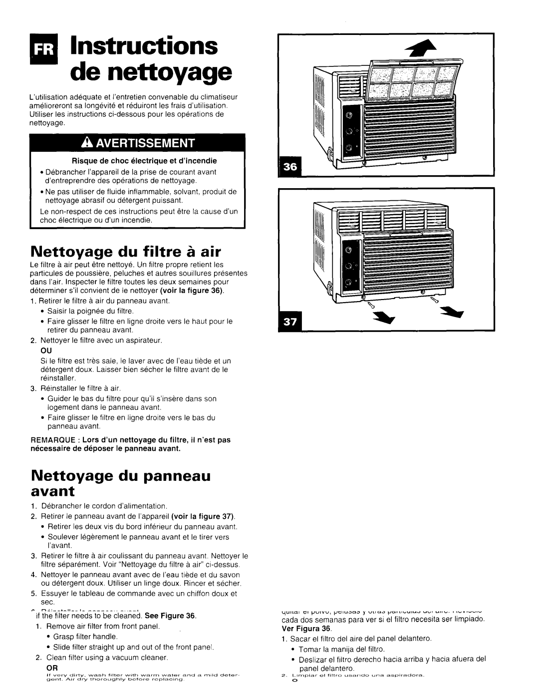 Whirlpool AR1800XA0 manual Nettoyage du filtre 5 air, Nettoyage du panneau avant, Ne pas utiliser de fluide inflammable 