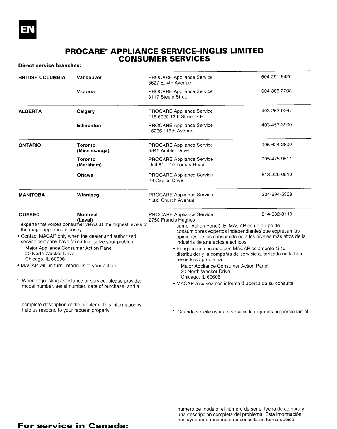 Whirlpool AR1800XA0 manual Columbia, Alberta, Ontario, Manitoba, Quebec, Procare, Nova Scotia 