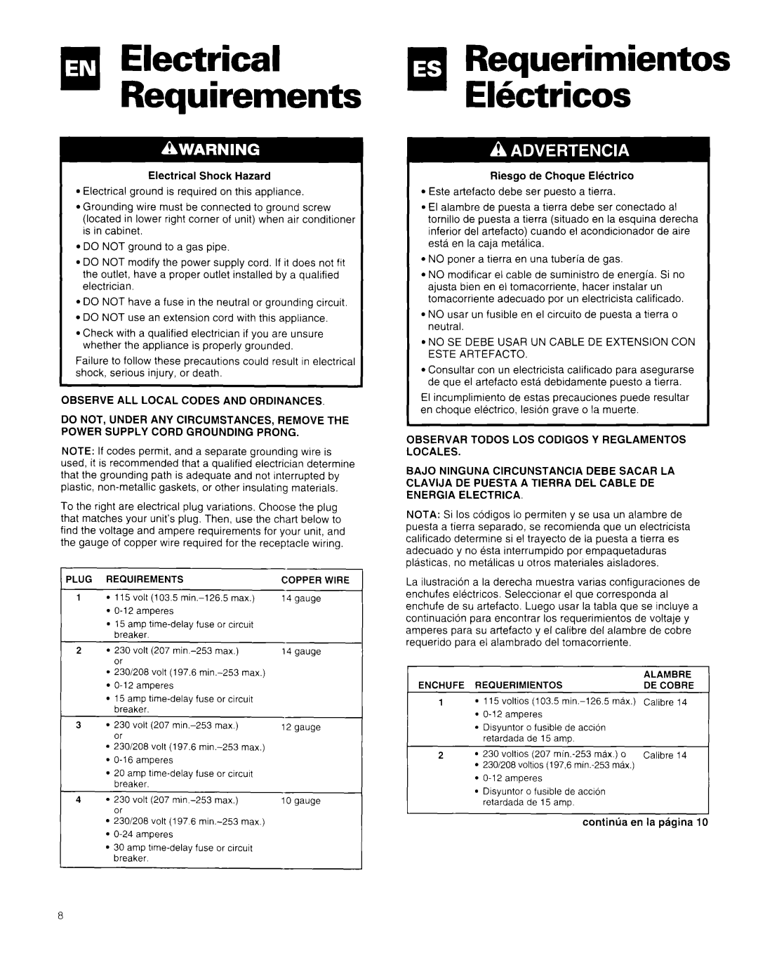 Whirlpool AR1800XA0 manual Amp time-delay fuse or circuit breaker, Continlia en la p6gina 