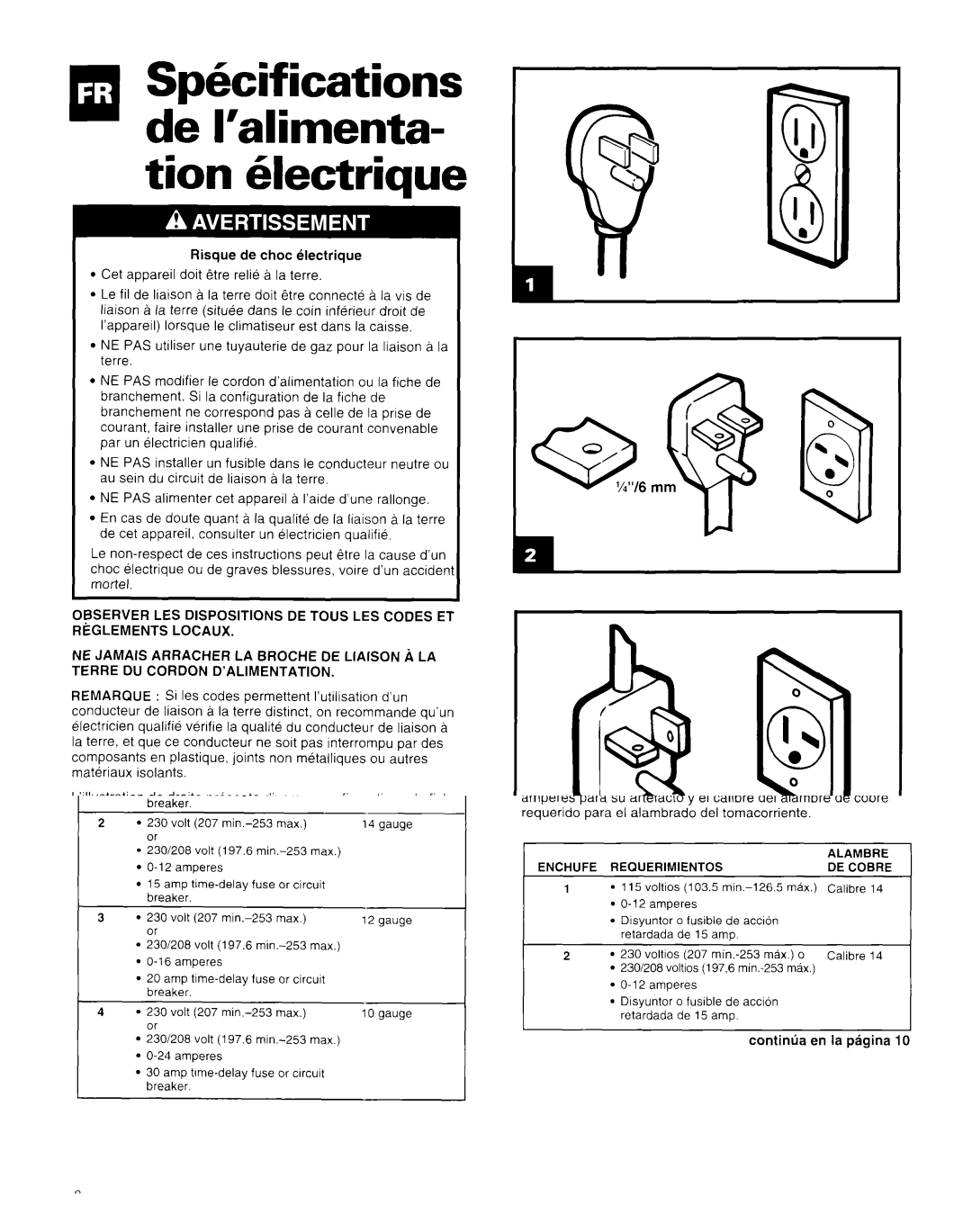 Whirlpool AR1800XA0 manual Fiche, ’Alimentation, Fils DE Cuivre 