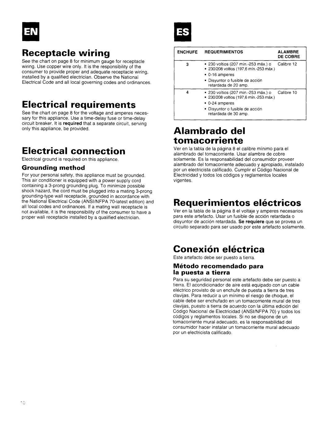 Whirlpool AR1800XA0 manual Receptacle wiring, Electrical requirements, Electrical connection, Alambrado del tomacorriente 