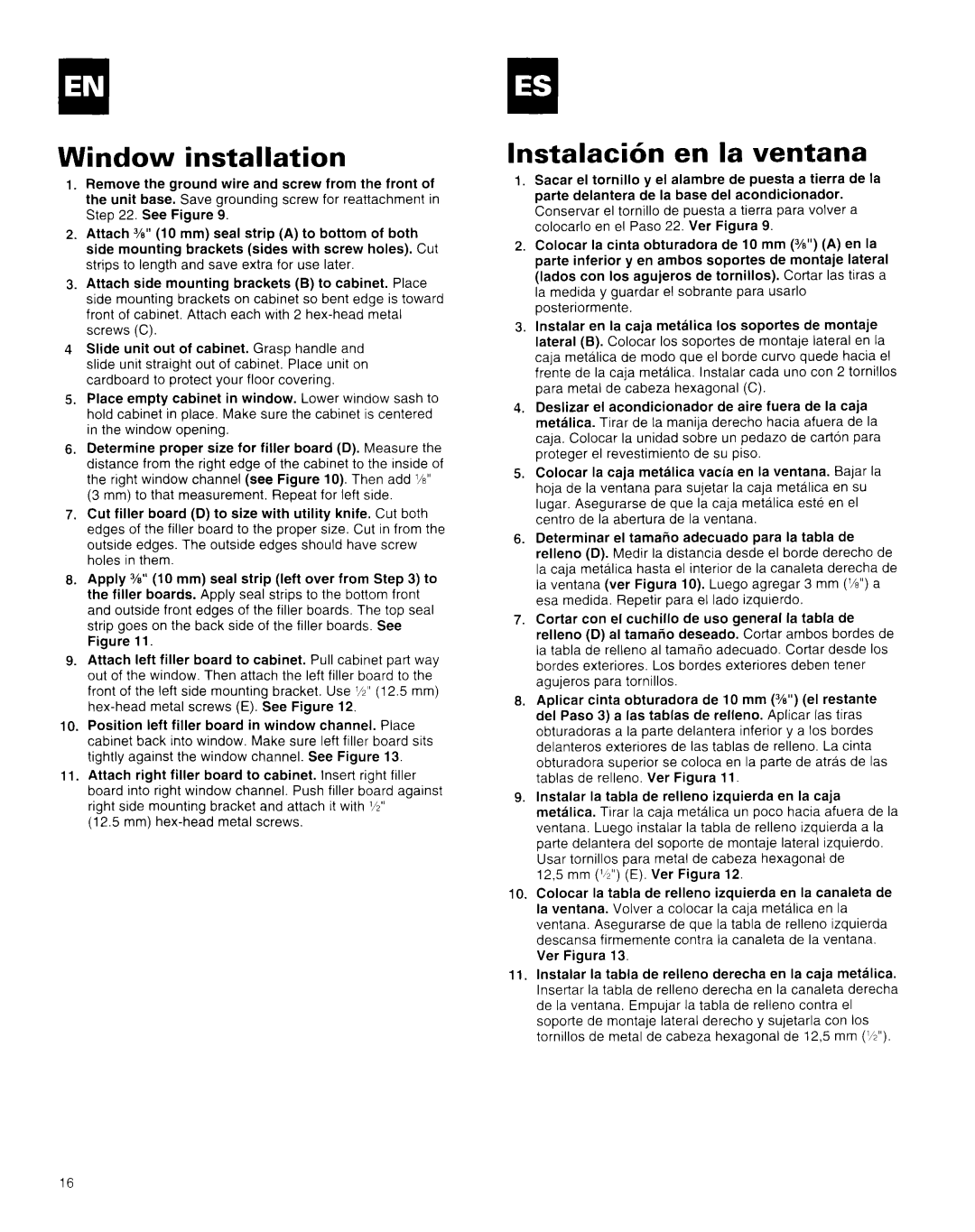 Whirlpool AR1800XA0 manual Window installation, InstalacicSn en la ventana 