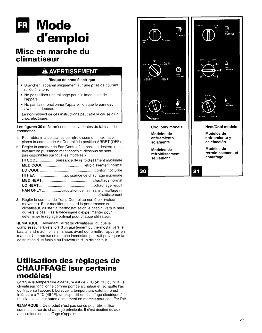Whirlpool AR1800XA0 manual qlMode d’emploi, Mise en marche du climatiseur, Utilisation des kglages de 