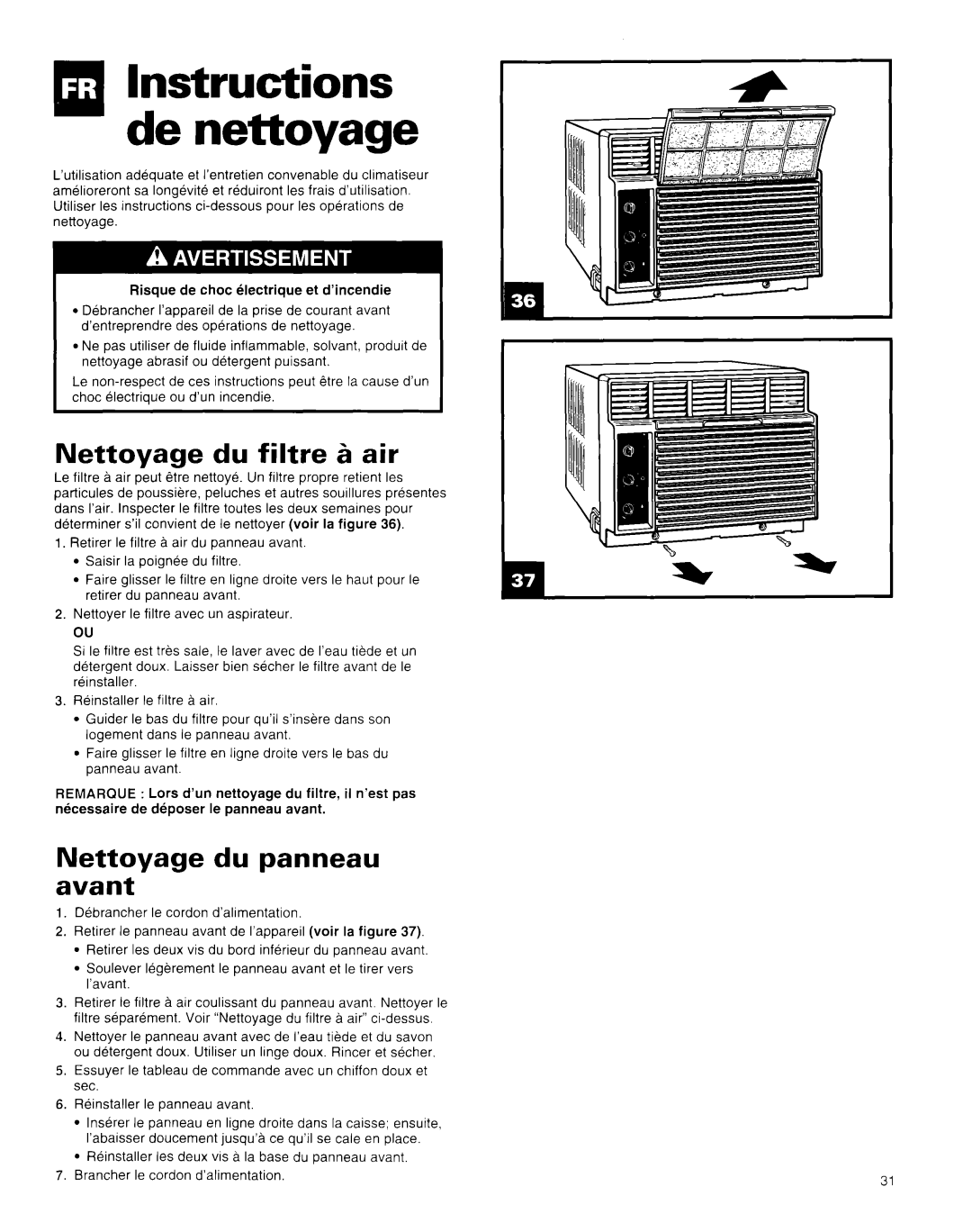 Whirlpool AR1800XA0 manual q. Instructions de nettoage, Nettoyage du filtre 5 air, Nettoyage du panneau avant 
