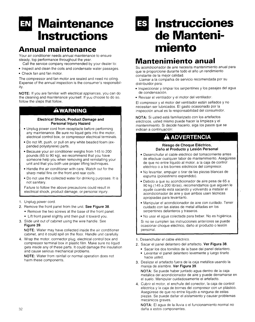 Whirlpool AR1800XA0 Maintenance Instructions, B Instrucciones de Manteni- miento, Annual maintenance, Mantenimiento anual 
