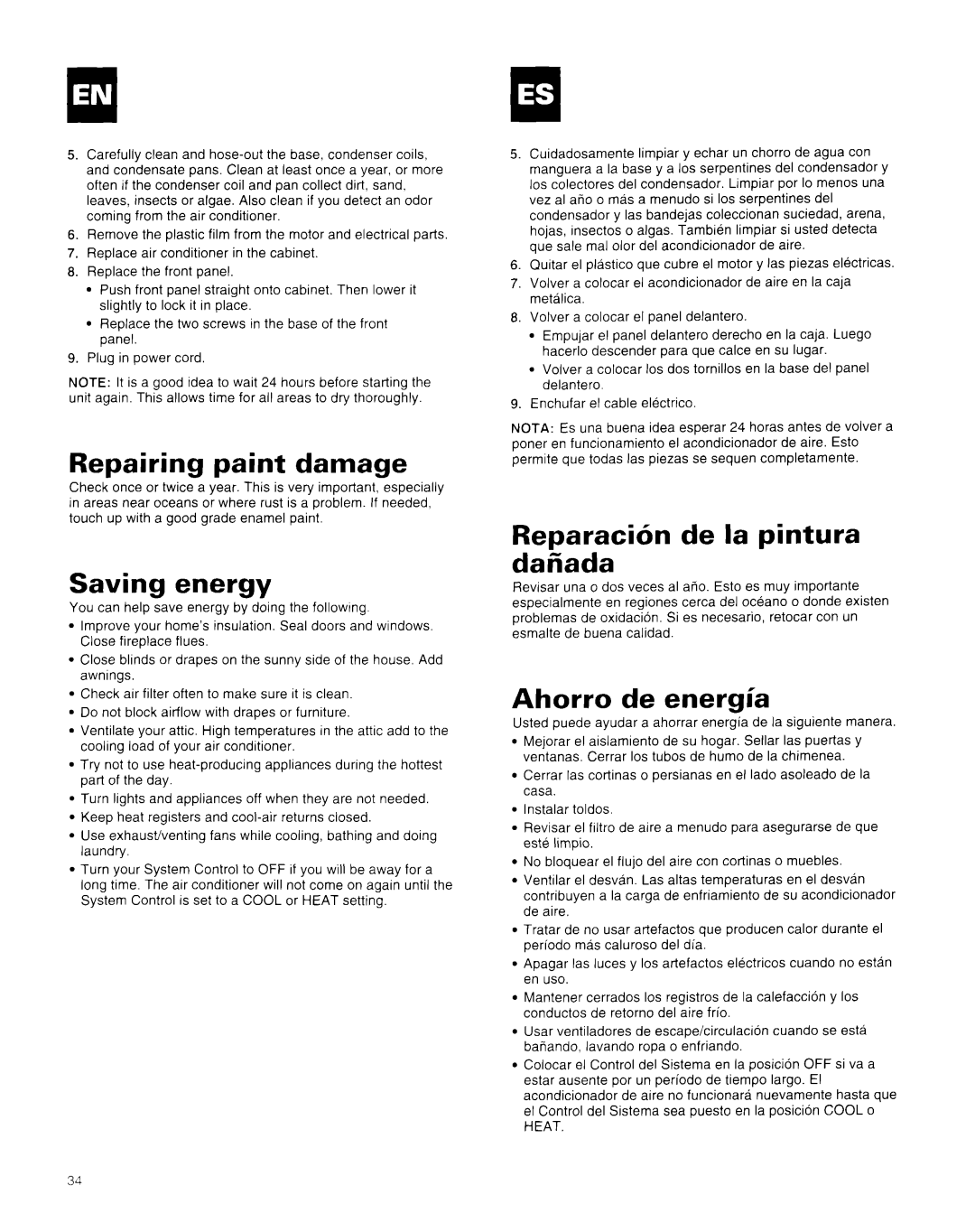 Whirlpool AR1800XA0 manual Repairing paint damage, Saving energy, Reparacibn de la pintura dairada, Ahorro de energia 