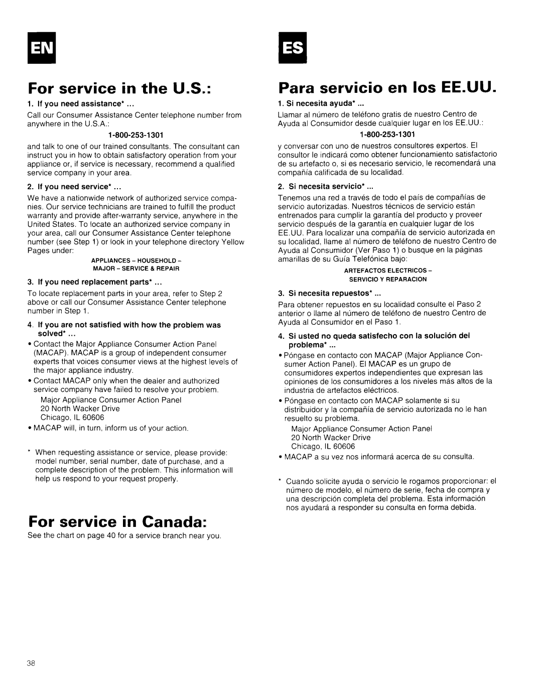 Whirlpool AR1800XA0 manual For service in the U.S, For service in Canada, Para servicio en 10s EEAJU 