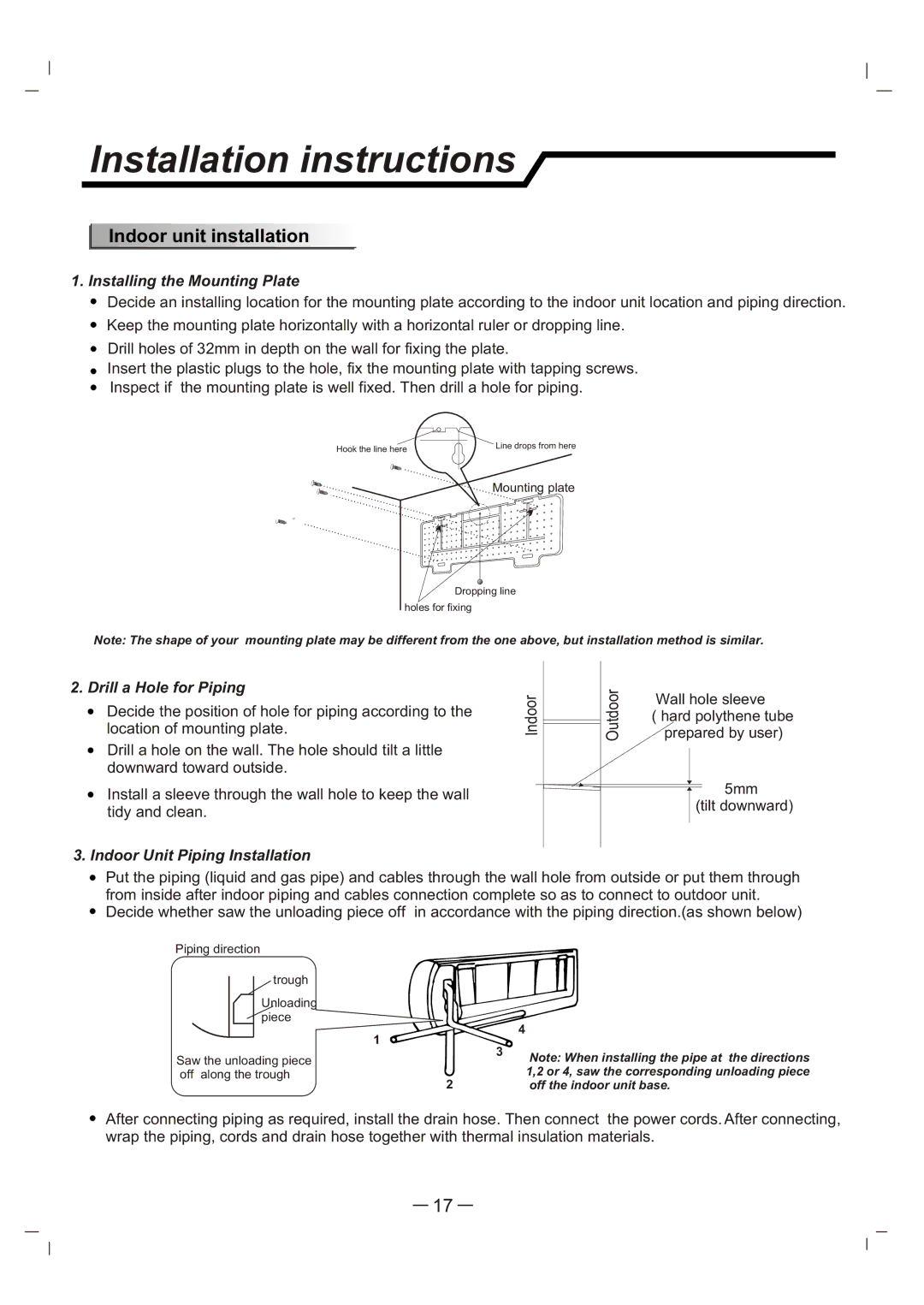 Whirlpool AS12 manual Indoor unit installation, Installing the Mounting Plate, Drill a Hole for Piping 