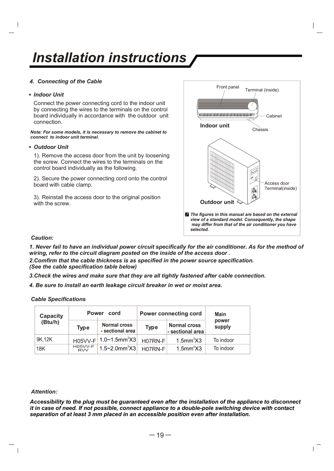 Whirlpool AS12 manual Connecting of the Cable Indoor Unit, Outdoor Unit 