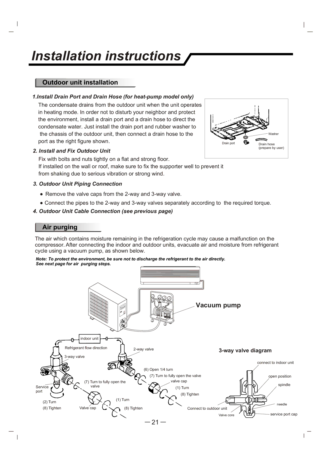 Whirlpool AS12 manual Outdoor unit installation, Air purging, Vacuum pump 