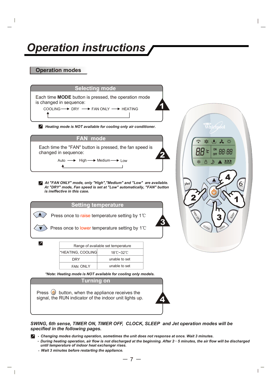 Whirlpool AS12 manual Operation instructions, Selecting mode, FAN mode, Setting temperature, Turning on 