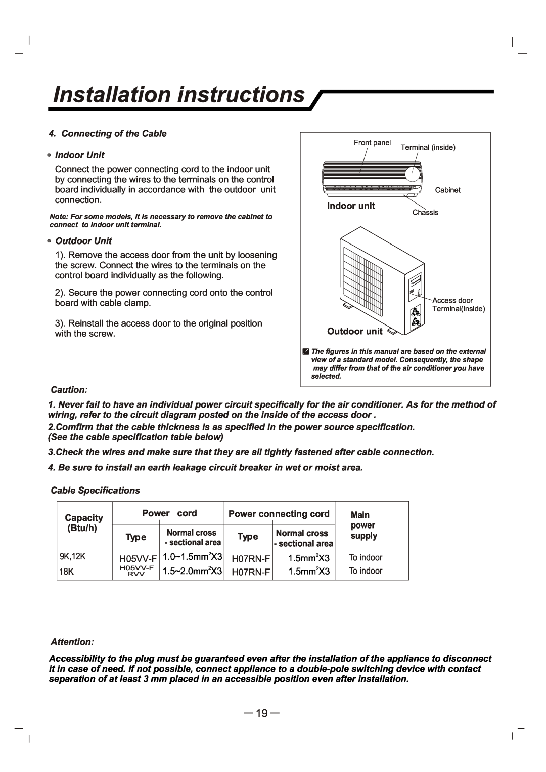 Whirlpool AS12 manual Installation instructions, Connecting of the Cable Indoor Unit, Outdoor Unit, Cable Specifications 